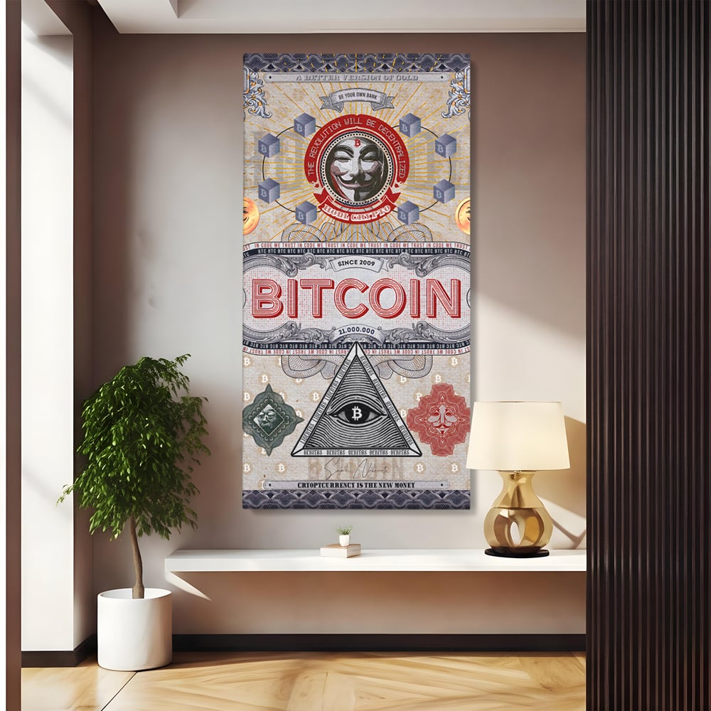Tablou canvas cu ilustratie digitala cu tema bitcoin si criptomonede, fara rama, pe sasiu de lemn
